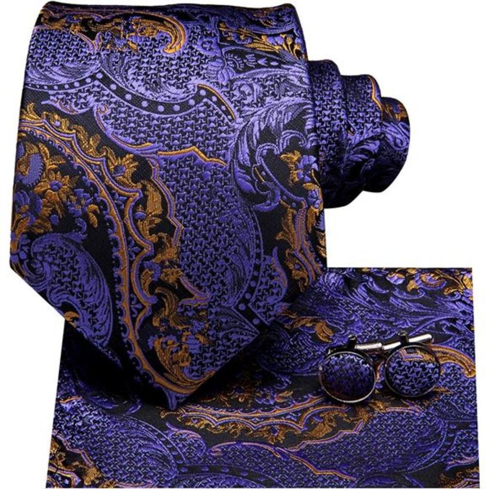 Paisley Necktie Pocket Square Cufflinks Set Purple 01